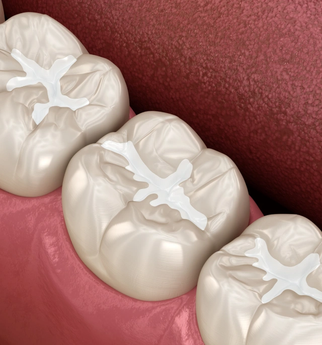 3D illustration of protective dental sealants applied to molar teeth at Chatfield Smiles in Littleton, CO