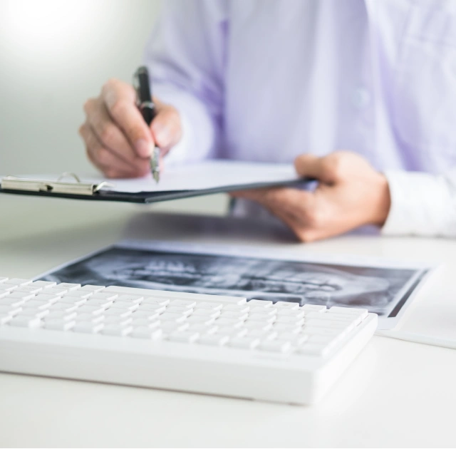 Dental staff member reviewing medical records and dental X rays at Chatfield Smiles Dentistry